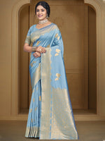 Grand Blue Color Silk Fabric Partywear Saree