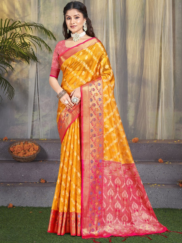 Grand Yellow Color Silk Fabric Partywear Saree