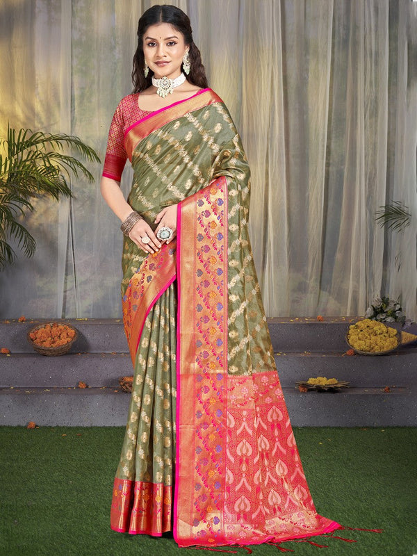 Grand Grey Color Silk Fabric Partywear Saree