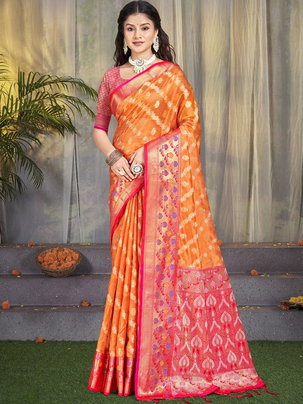 Grand Orange Color Silk Fabric Partywear Saree