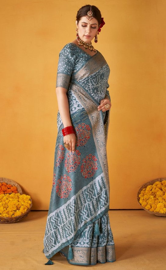 Grand Grey Color Tussar Fabric Casual Saree