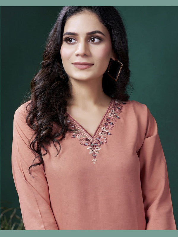 Lovely Orange Color Rayon Fabric Casual Kurti With Bottom