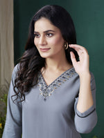 Lovely Grey Color Rayon Fabric Casual Kurti With Bottom