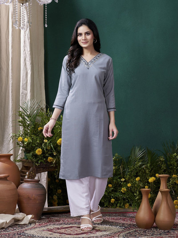 Lovely Grey Color Rayon Fabric Casual Kurti With Bottom