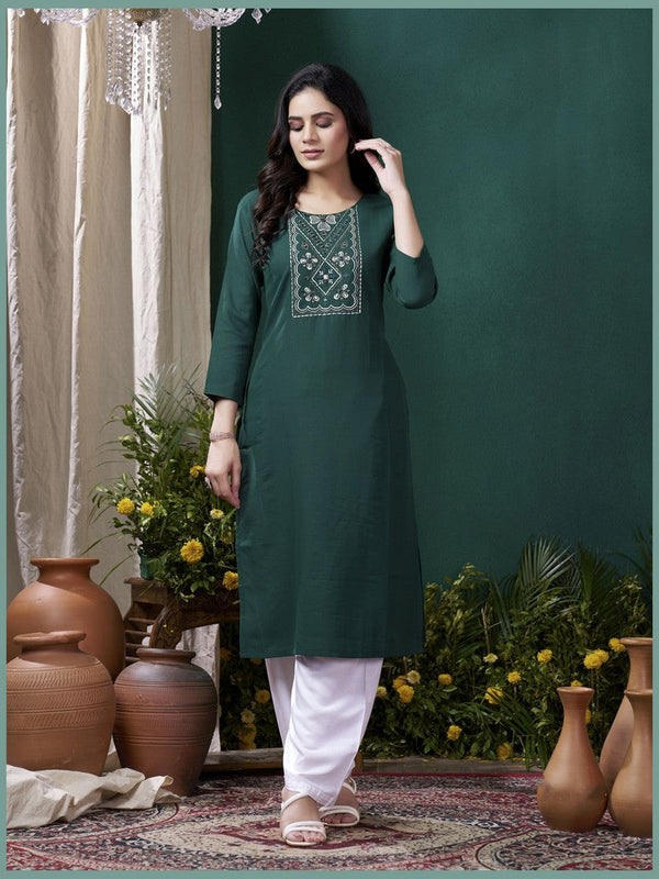 Lovely Green Color Rayon Fabric Casual Kurti With Bottom