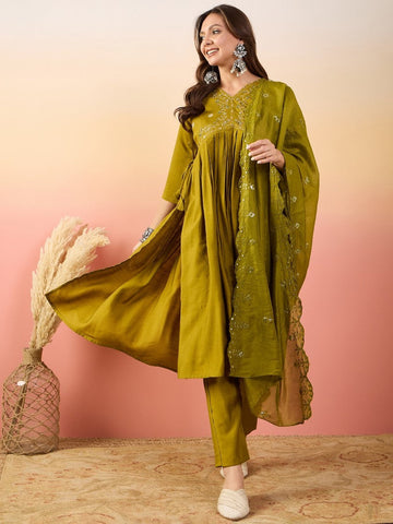 Amazing Green Color Silk Fabric Designer Suit