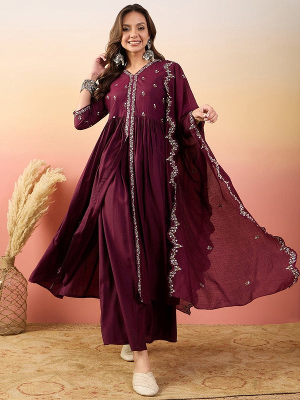 Amazing Maroon Color Silk Fabric Designer Suit