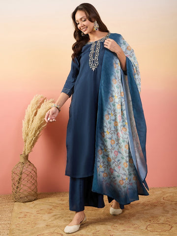 Amazing Navy Blue Color Silk Fabric Designer Suit