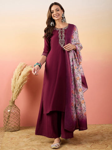 Amazing Wine Color Silk Fabric Designer Suit