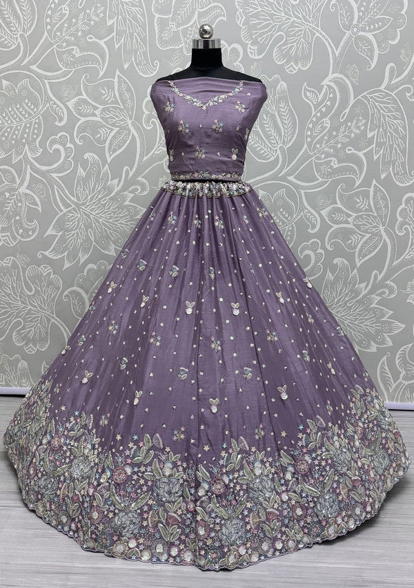 Beautiful Purple Color Chinon Fabric Party Wear Lehenga