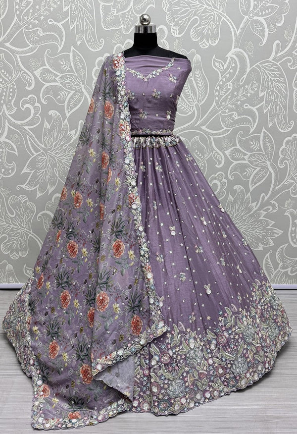 Beautiful Purple Color Chinon Fabric Party Wear Lehenga