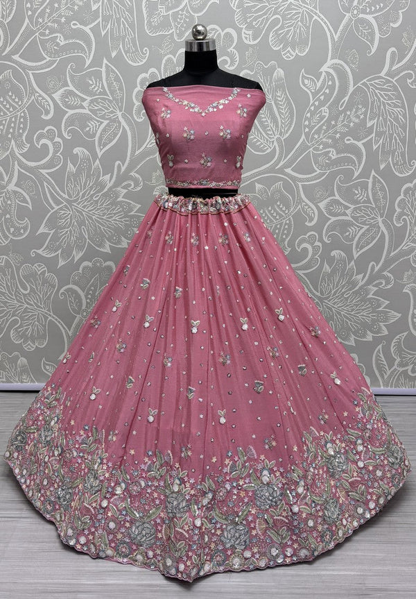 Beautiful Pink Color Chinon Fabric Party Wear Lehenga