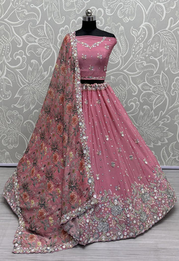 Beautiful Pink Color Chinon Fabric Party Wear Lehenga