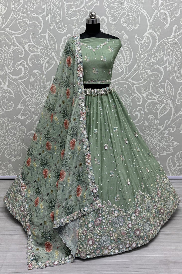 Beautiful Green Color Chinon Fabric Party Wear Lehenga