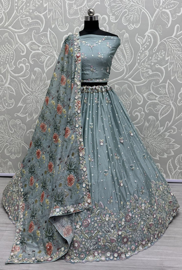 Beautiful Grey Color Chinon Fabric Party Wear Lehenga