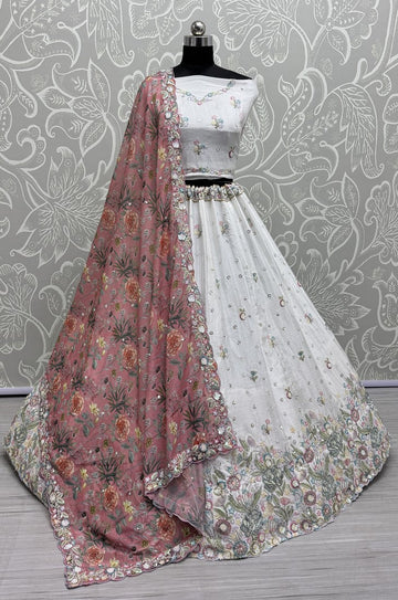 Beautiful White Color Chinon Fabric Party Wear Lehenga