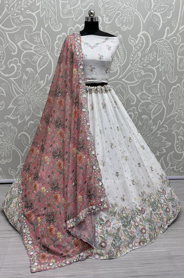 Beautiful White Color Chinon Fabric Party Wear Lehenga