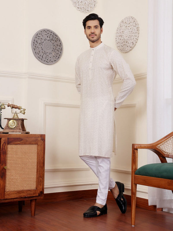 Amazing White Color Silk Fabric Kurta Pajama