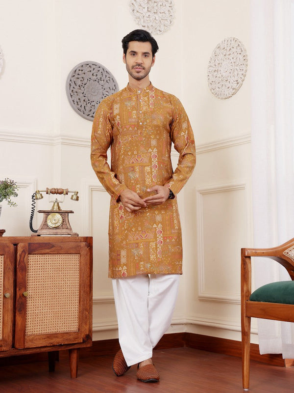 Amazing Mustard Color Silk Fabric Kurta Pajama