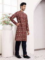 Dazzling Maroon Color Silk Fabric Mens Kurta