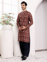 Dazzling Maroon Color Silk Fabric Mens Kurta