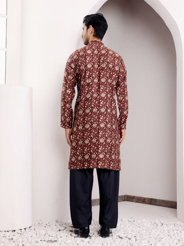 Dazzling Maroon Color Silk Fabric Mens Kurta