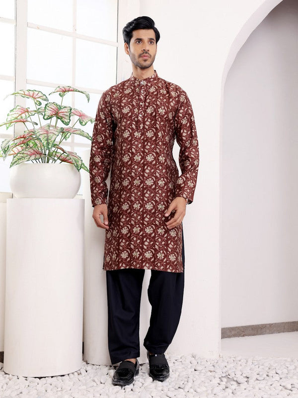 Dazzling Maroon Color Silk Fabric Mens Kurta