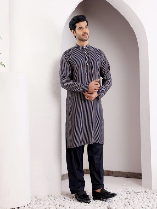 Dazzling Navy Blue Color Silk Fabric Mens Kurta