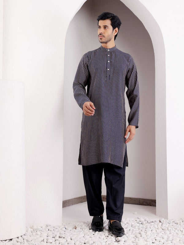 Dazzling Navy Blue Color Silk Fabric Mens Kurta