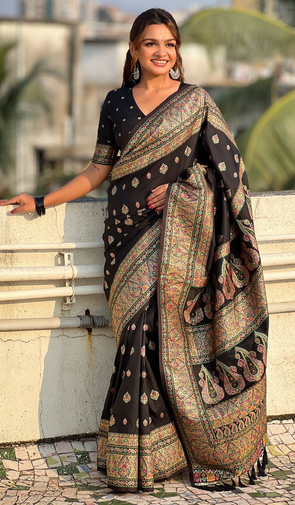 Beauteous Black Color Pashmina Fabric Partywear Saree