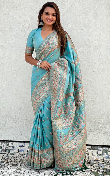 Beauteous Blue Color Pashmina Fabric Partywear Saree