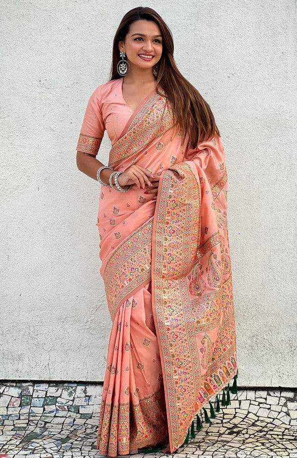 Beauteous Peach Color Pashmina Fabric Partywear Saree