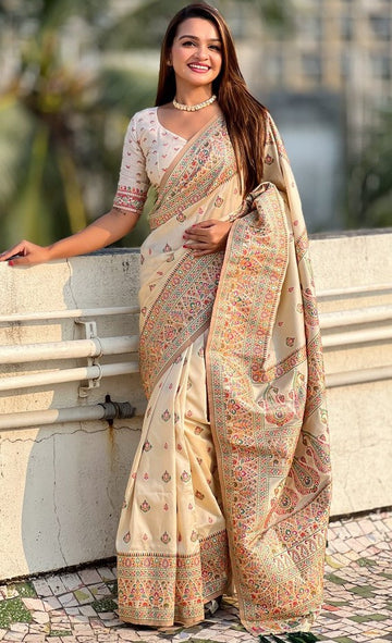 Beauteous Cream Color Pashmina Fabric Partywear Saree