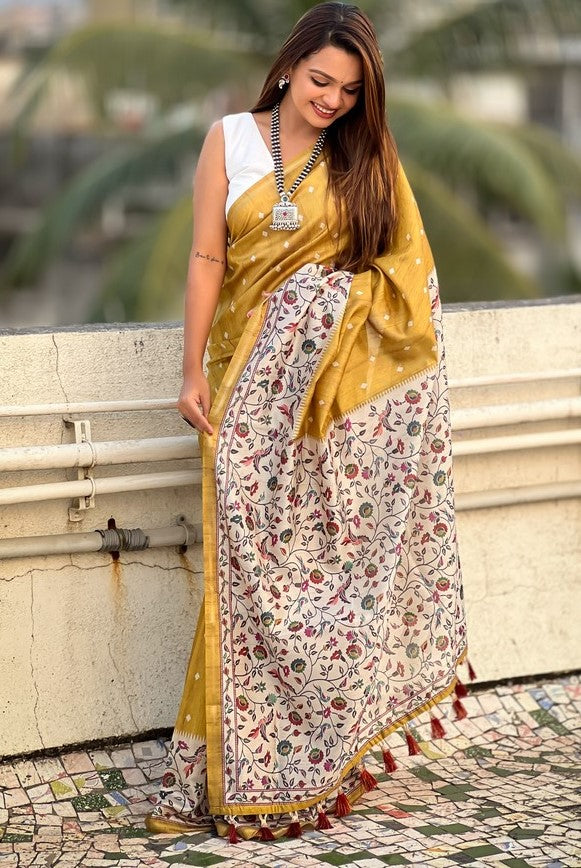 Beauteous Mustard Color Silk Fabric Casual Saree