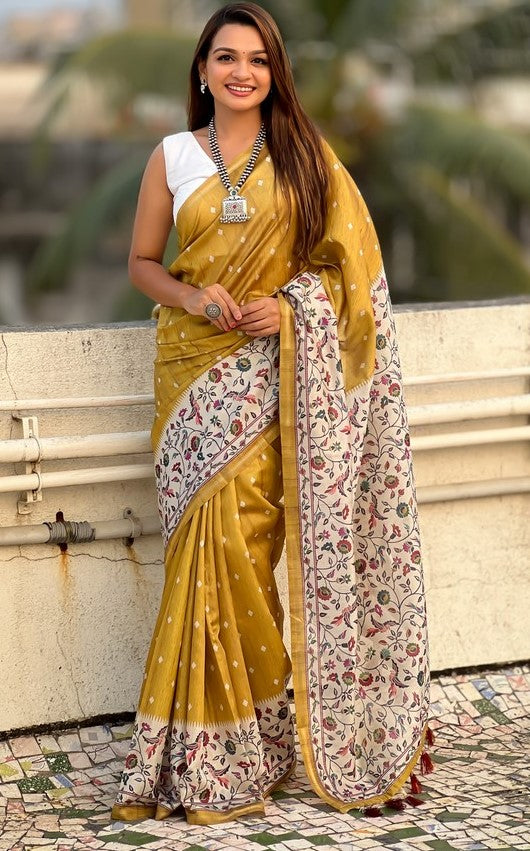 Beauteous Mustard Color Silk Fabric Casual Saree