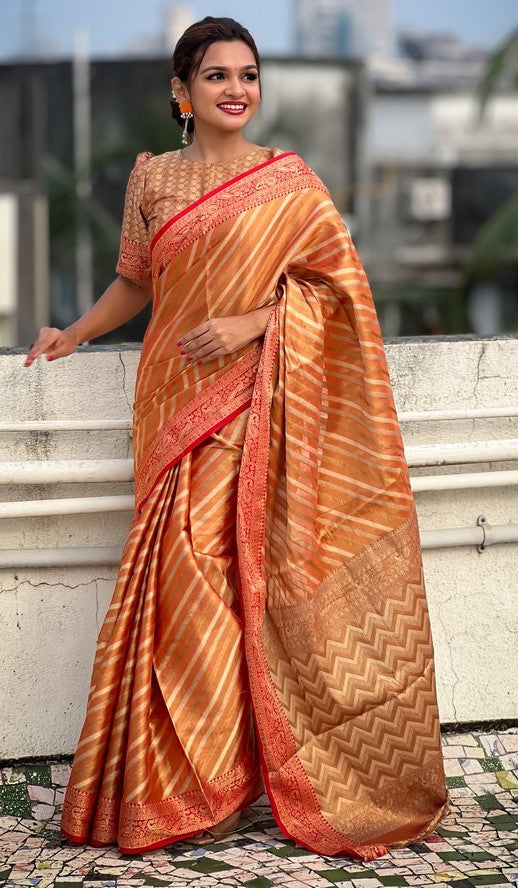 Ideal Orange Color Tissue Fabric Partywear Saree