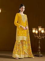 Tasteful Yellow Color Chinon Fabric Sharara Suit