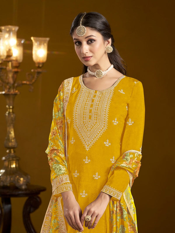 Tasteful Yellow Color Chinon Fabric Sharara Suit