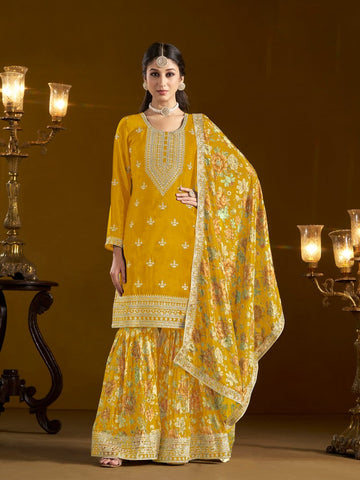 Tasteful Yellow Color Chinon Fabric Sharara Suit