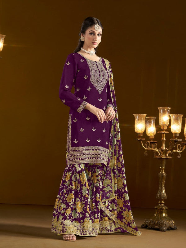 Tasteful Voilet Color Chinon Fabric Sharara Suit