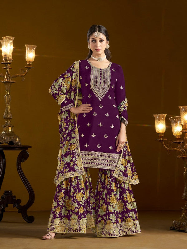 Tasteful Voilet Color Chinon Fabric Sharara Suit