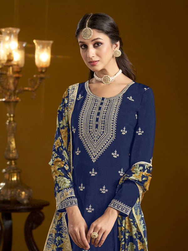 Tasteful Navy Blue Color Chinon Fabric Sharara Suit