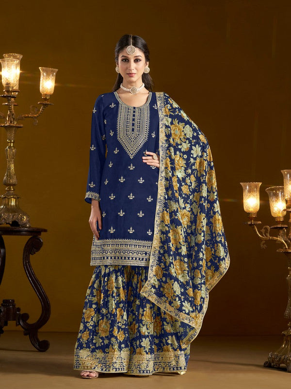 Tasteful Navy Blue Color Chinon Fabric Sharara Suit