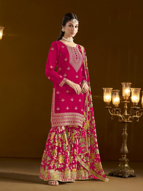 Tasteful Pink Color Chinon Fabric Sharara Suit