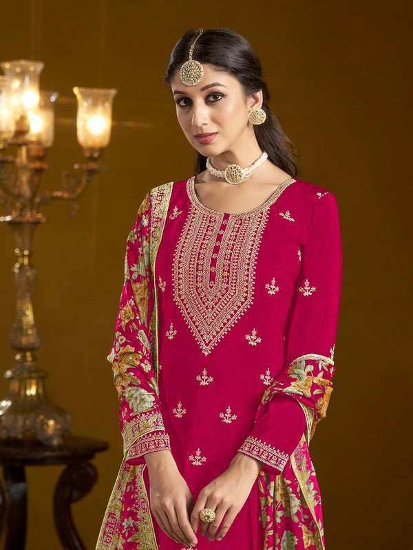 Tasteful Pink Color Chinon Fabric Sharara Suit