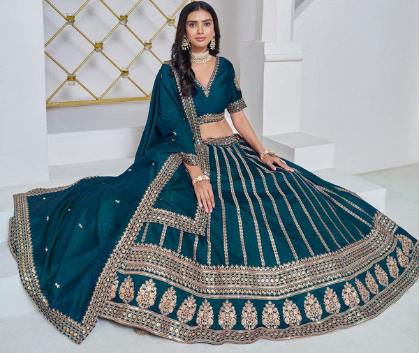 Lovely Teal Color Art Silk Fabric Party Wear Lehenga