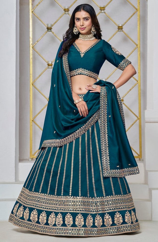 Lovely Teal Color Art Silk Fabric Party Wear Lehenga