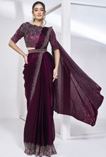 Pretty Wine Color Satin Fabric Readymade Saree