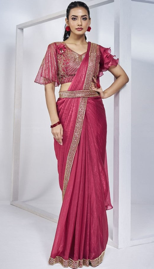 Pretty Pink Color Satin Fabric Readymade Saree