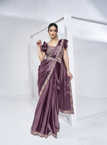 Pretty Purple Color Satin Fabric Readymade Saree